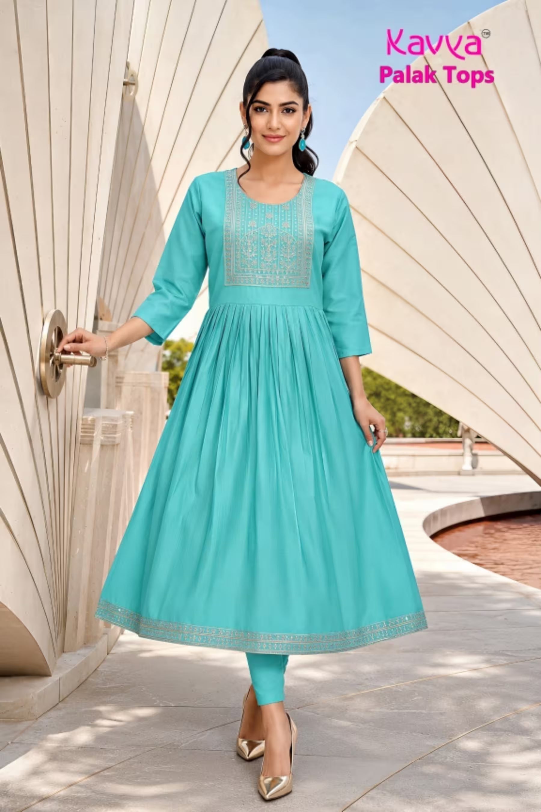 Kavya - Plain Vetican Fabric - Umbrella Cut - Beautiful Neck Embroidery Tops - KPT15