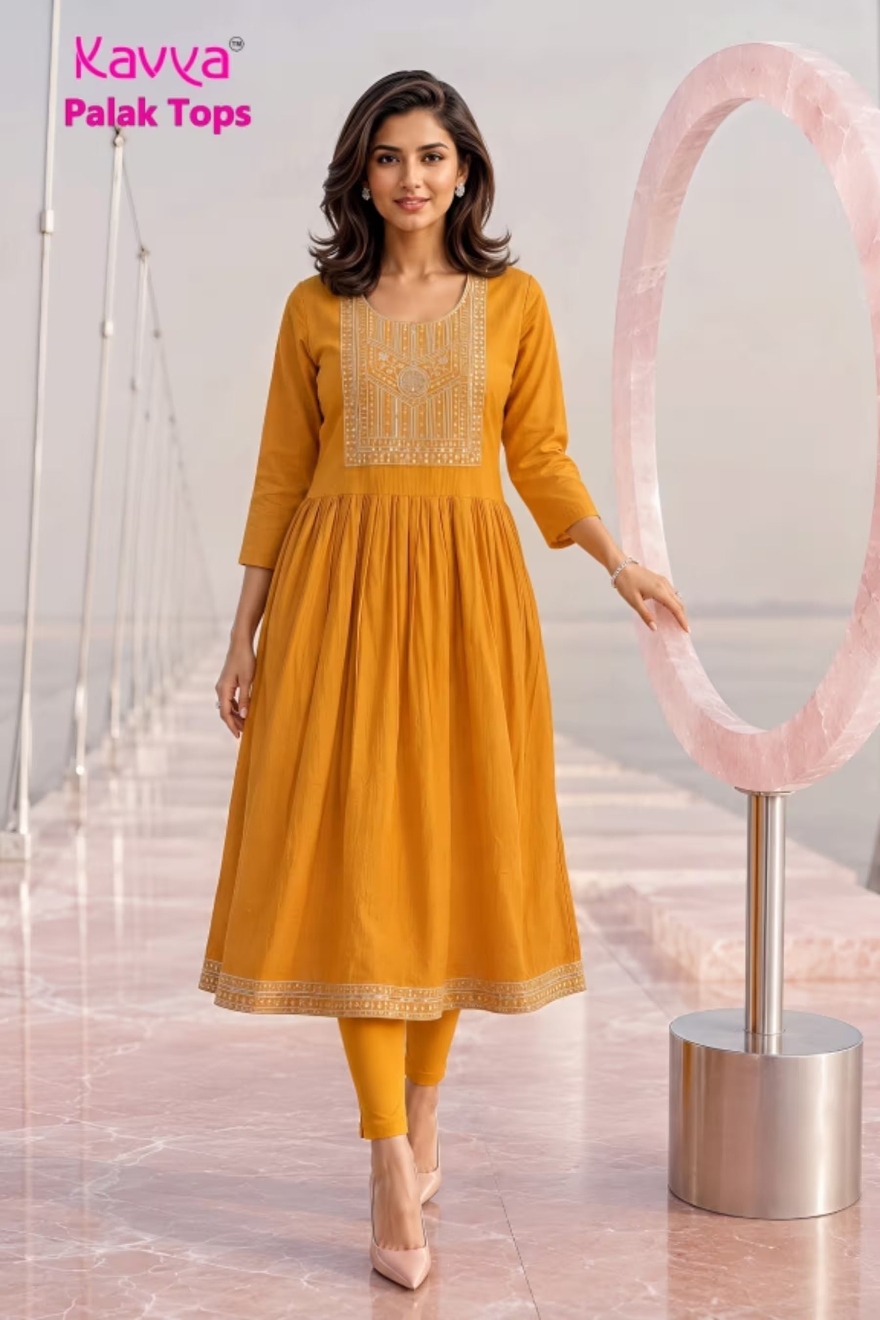 Kavya - Plain Vetican Fabric - Umbrella Cut - Beautiful Neck Embroidery Tops - KPT17