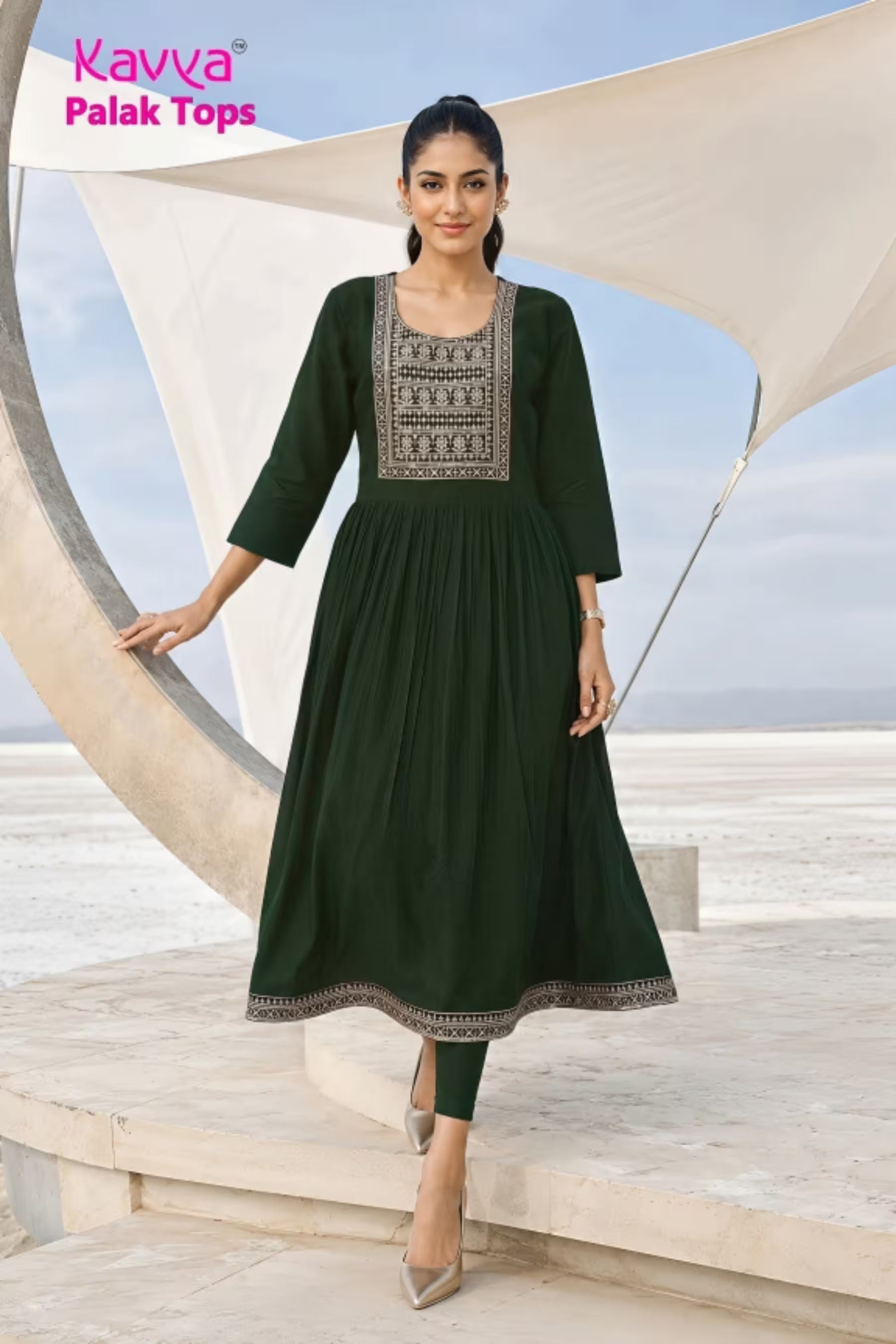 Kavya - Plain Vetican Fabric - Umbrella Cut - Beautiful Neck Embroidery Tops - KPT20