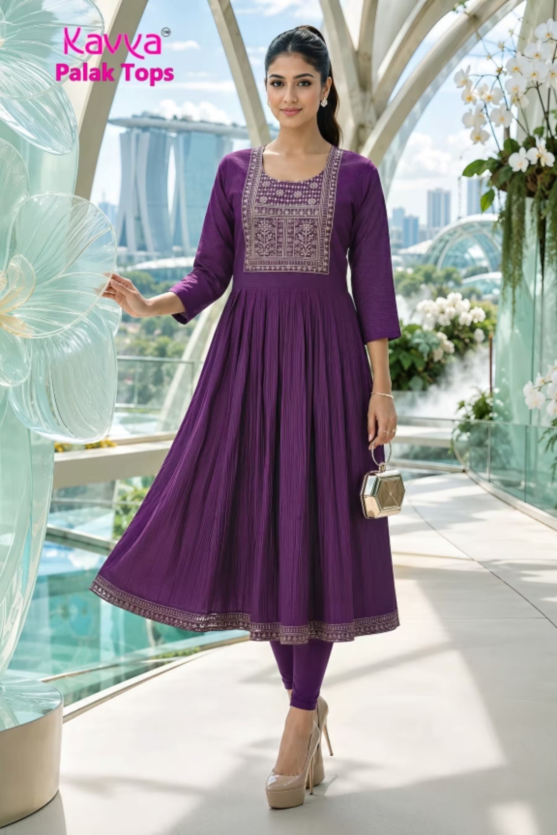 Kavya - Plain Vetican Fabric - Umbrella Cut - Beautiful Neck Embroidery Tops - KPT23