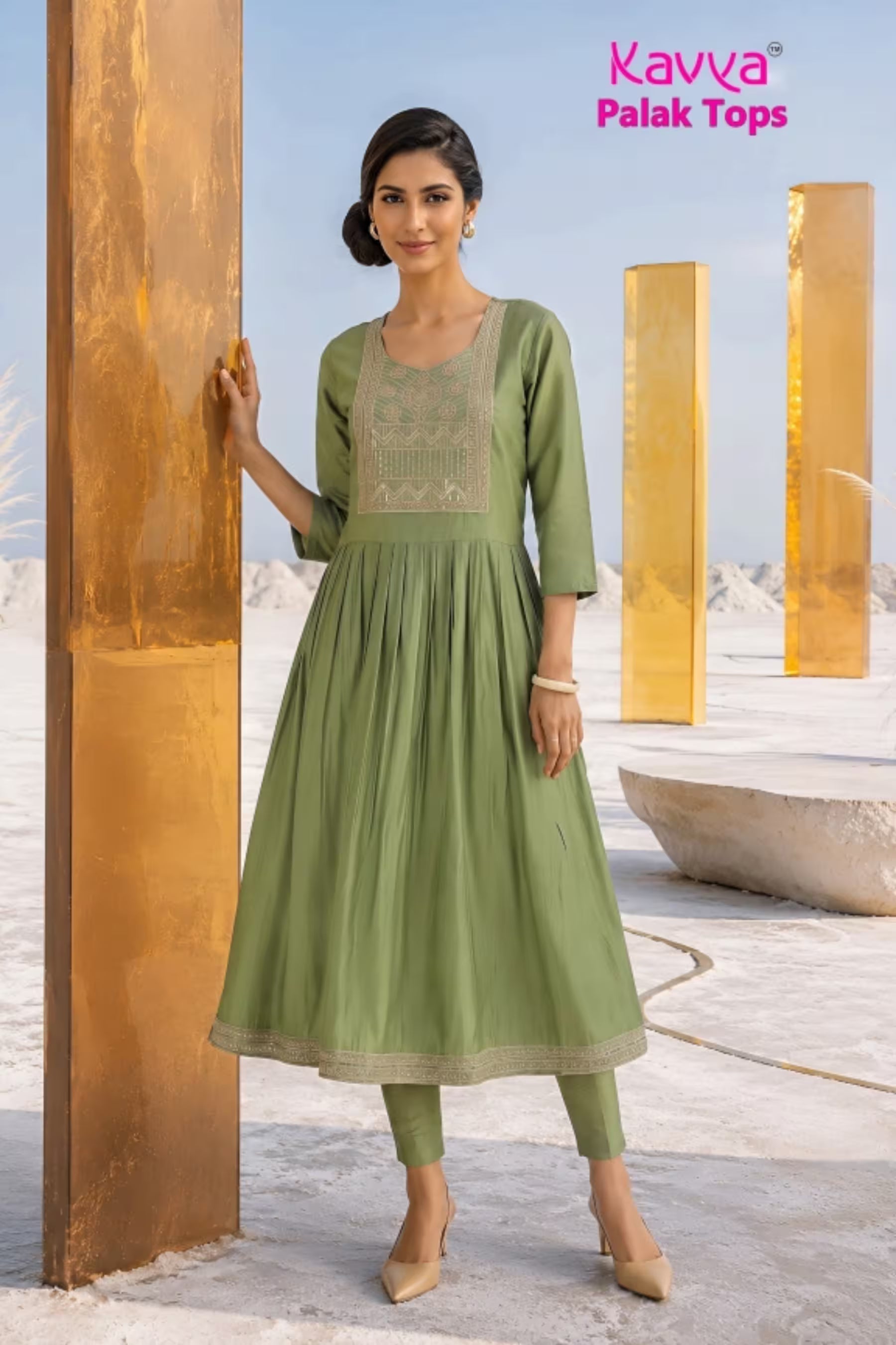 Kavya - Plain Vetican Fabric - Umbrella Cut - Beautiful Neck Embroidery Tops - KPT24