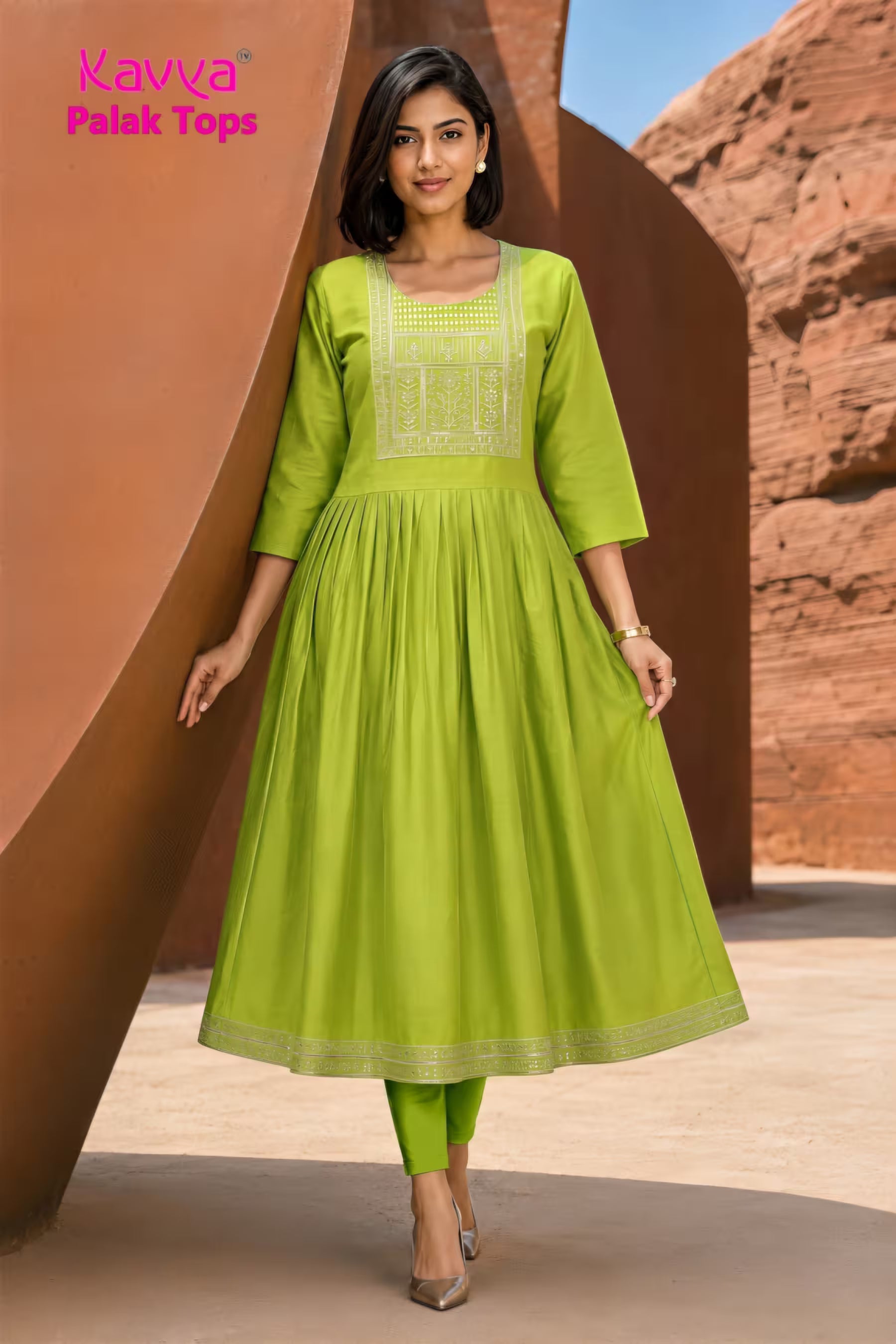 Kavya - Plain Vetican Fabric - Umbrella Cut - Beautiful Neck Embroidery Tops - KPT25 Main image