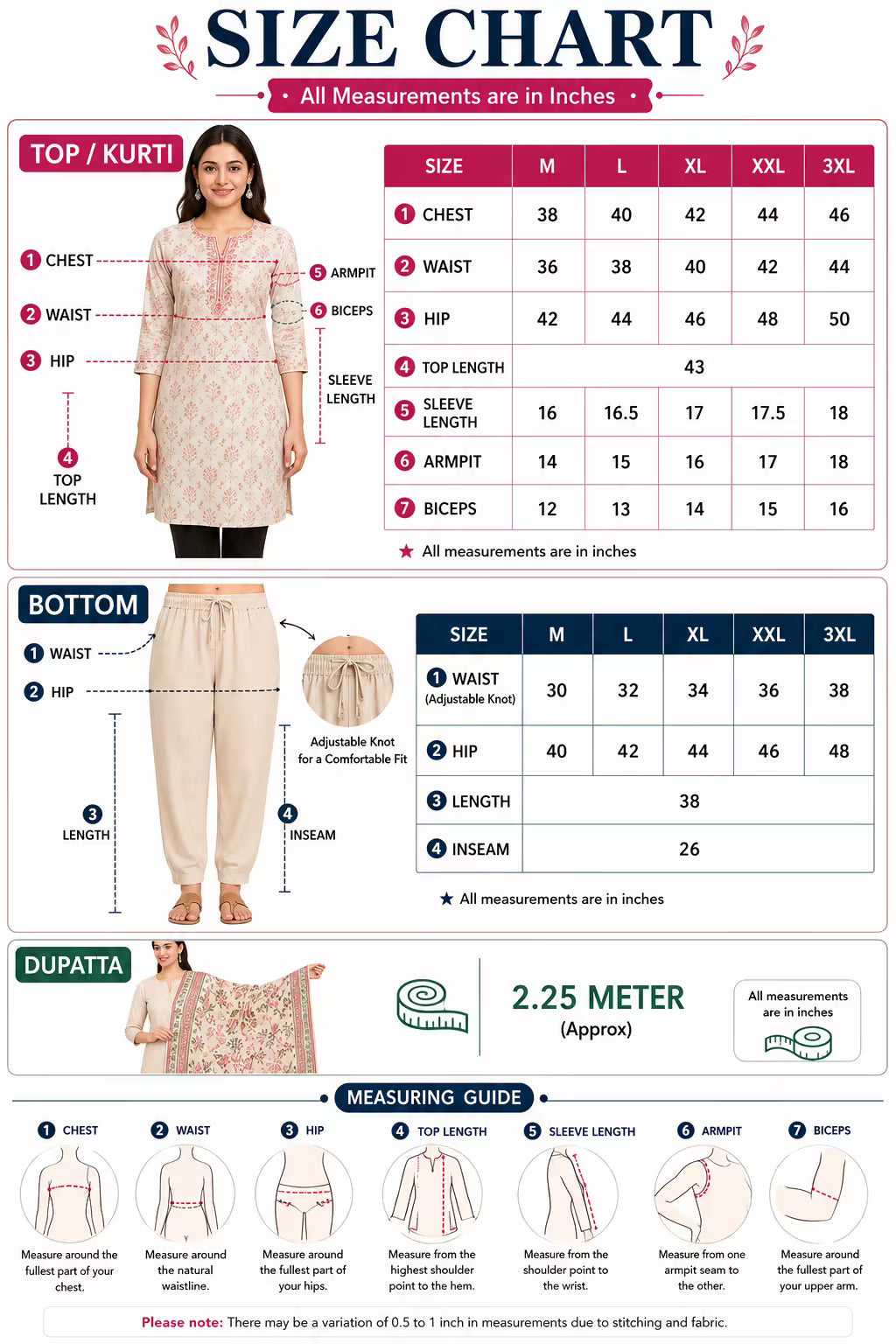 Kavya Brand Straight Cut Kurti Size Chart