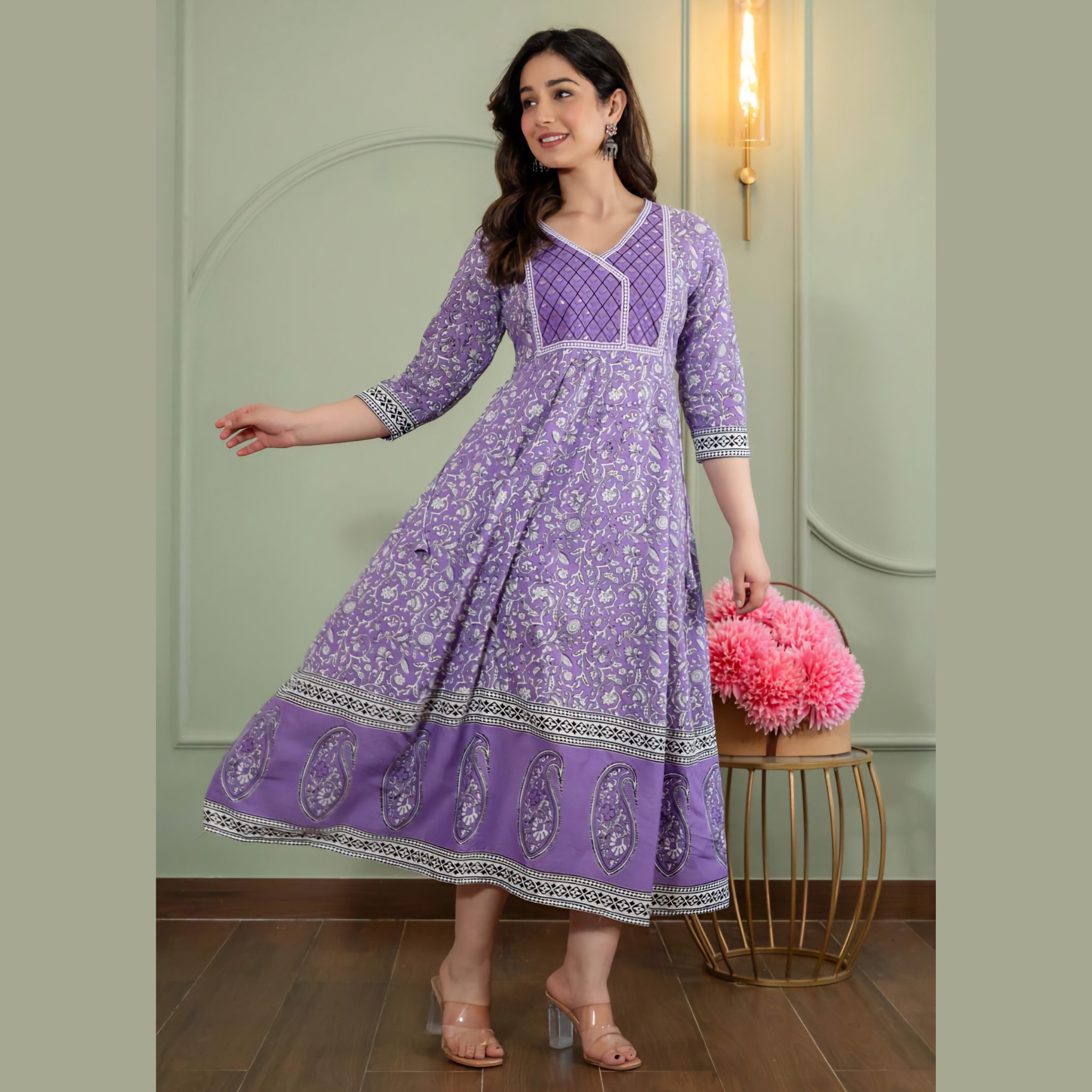 Lavender Ethnic Printed Anarkali Kurti for Women _ Traditional Motif Design Main image