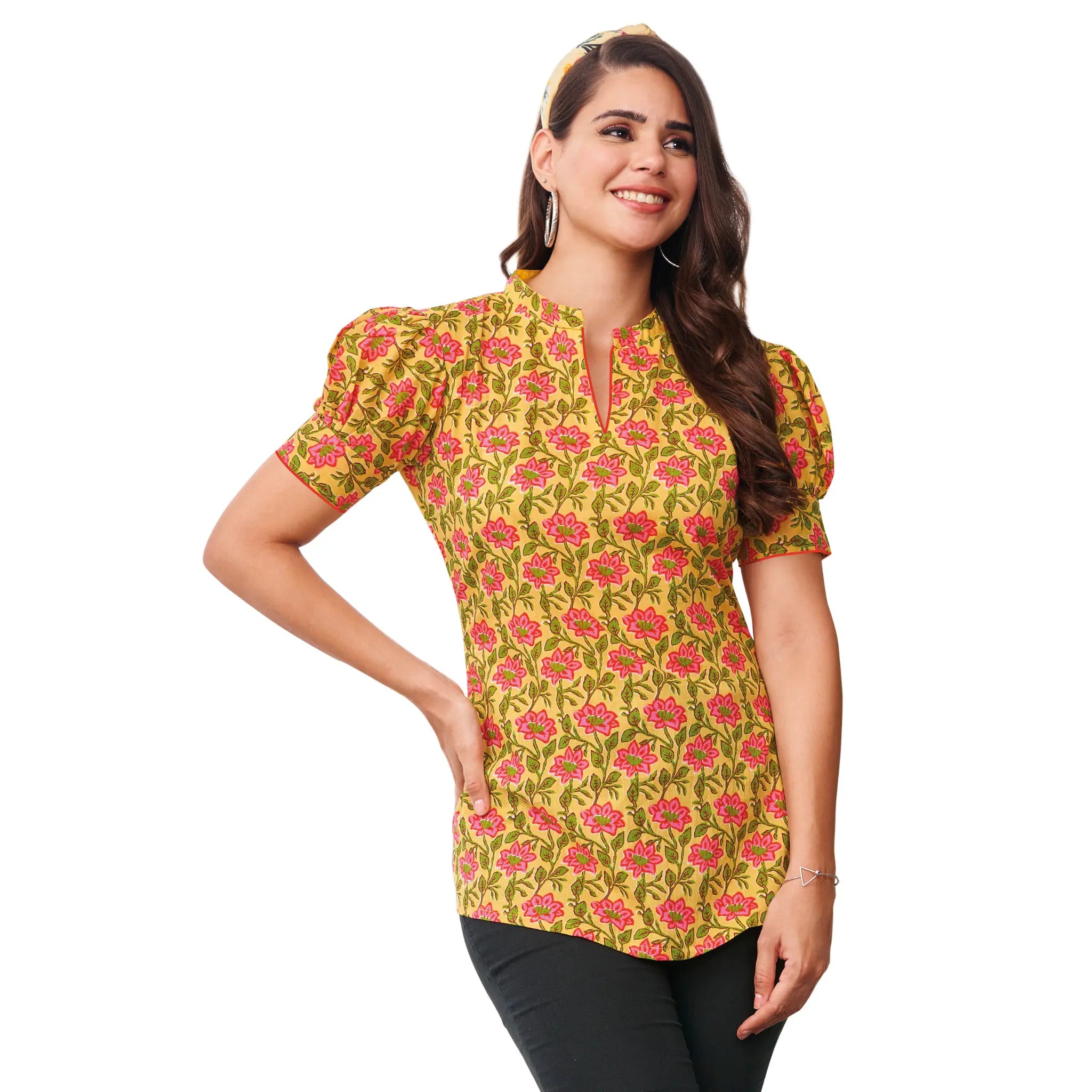 Light Mustard Floral Print Cotton Short Tops