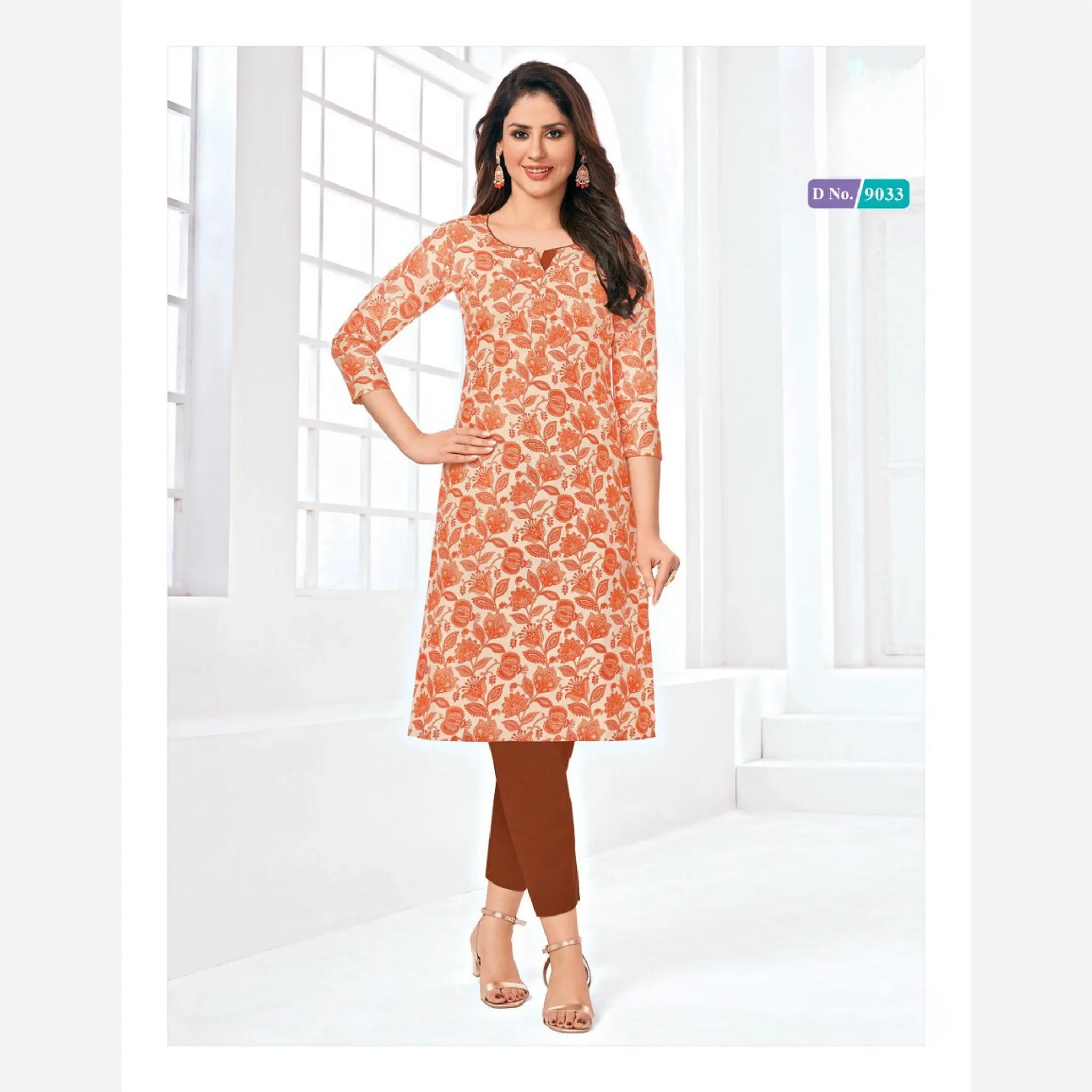 Buy Light Peach Cotton Kurti with Jaipuri Jaal Print Online Main image