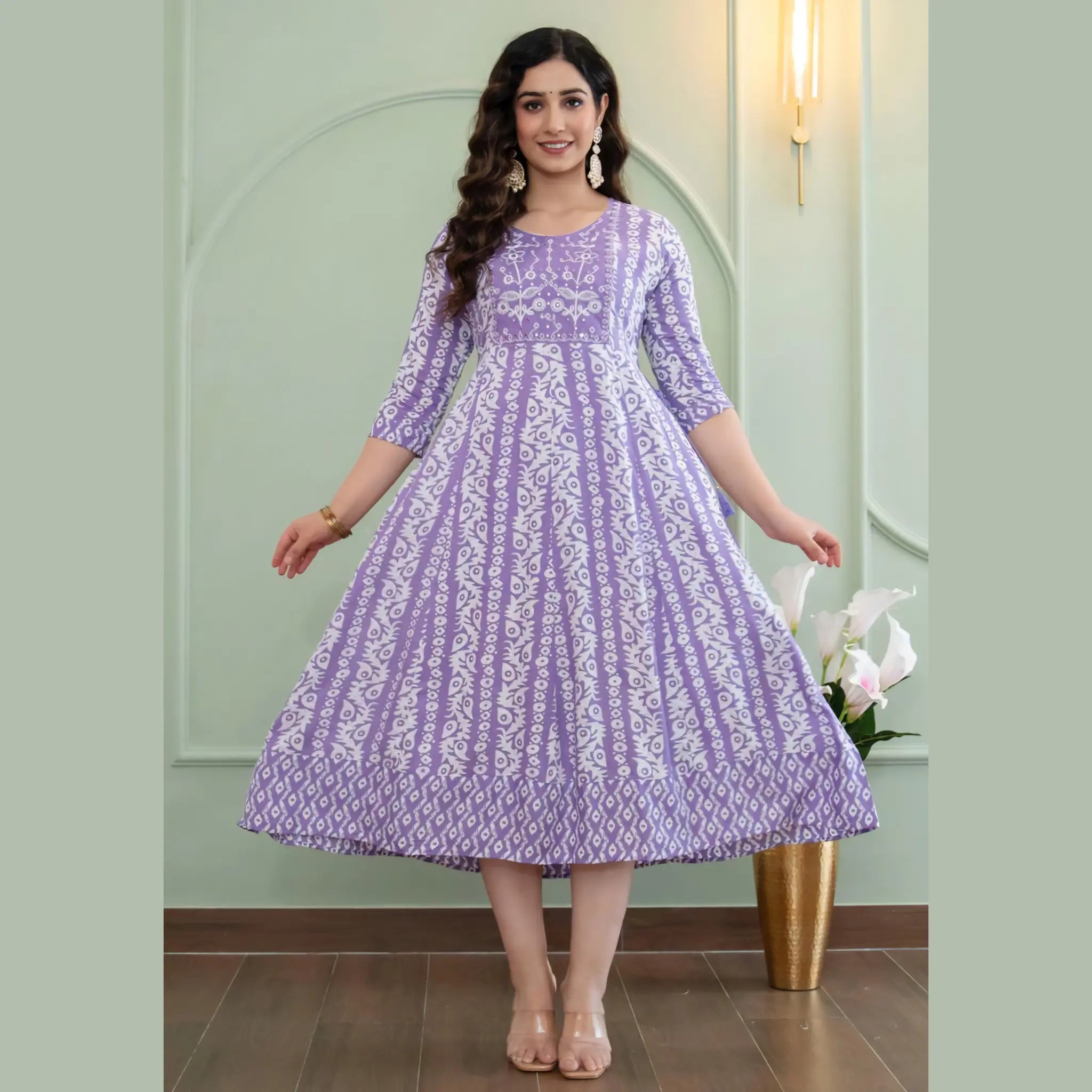 Lilac Ethnic Printed Anarkali Kurti for Women _ Vertical Motif Design