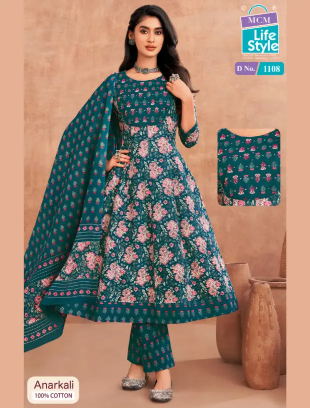 Women’s Teal Blue Cotton Anarkali Kurti Pant Dupatta Set Main image