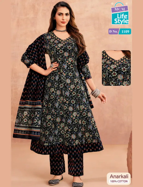 MCM Black Floral Cotton Anarkali Readymade Salwar Suit Set