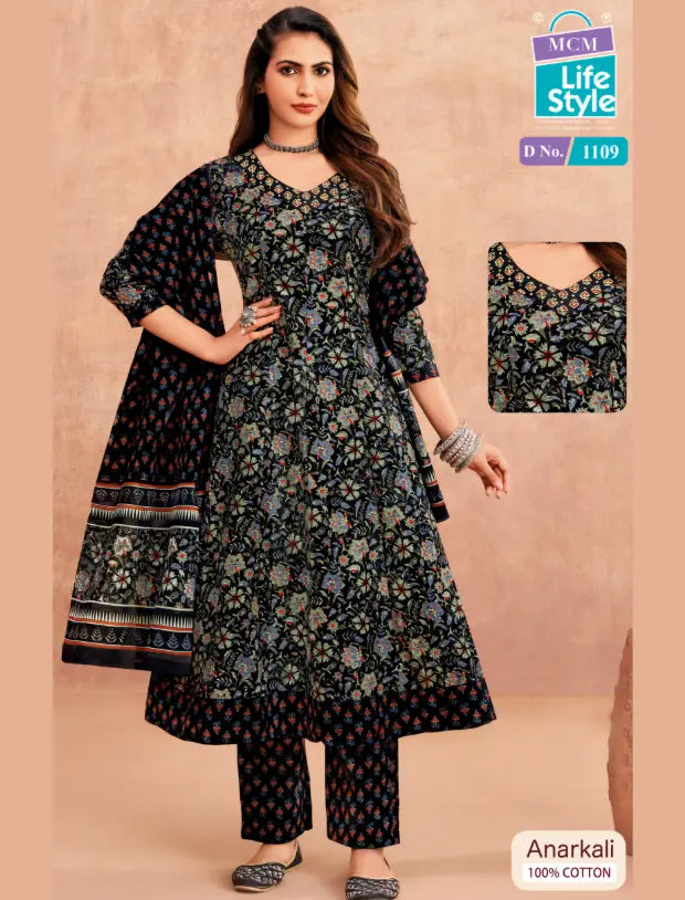 MCM Black Floral Cotton Anarkali Readymade Salwar Suit Set Main image