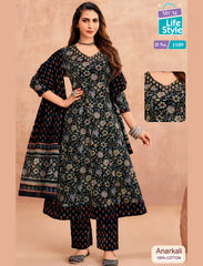 MCM Black Floral Cotton Anarkali Readymade Salwar Suit Set