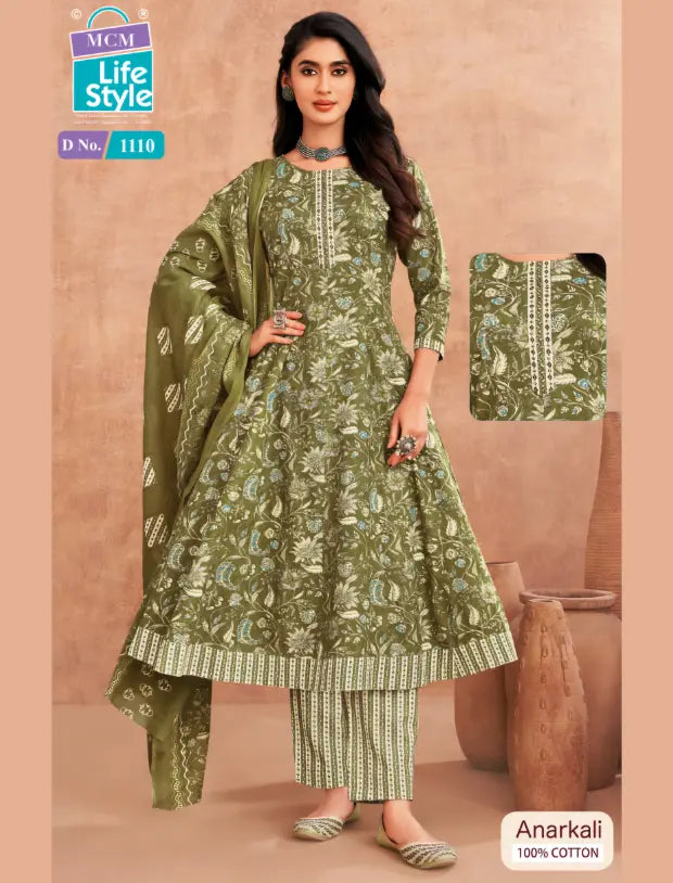 MCM Olive Green Cotton Anarkali Readymade Salwar Suit Set