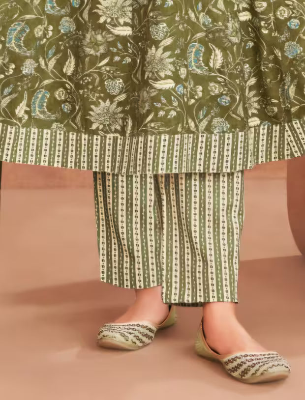 MCM Olive Green Cotton Anarkali Readymade Salwar Suit Set
