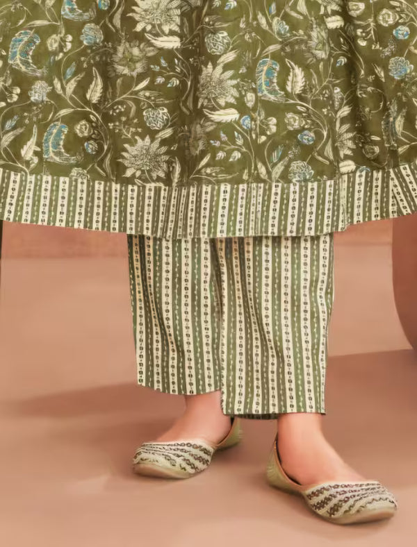MCM Olive Green Cotton Anarkali Readymade Salwar Suit Set