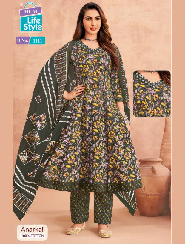 MCM Dark Olive Floral Cotton Anarkali Readymade Salwar Suit Set