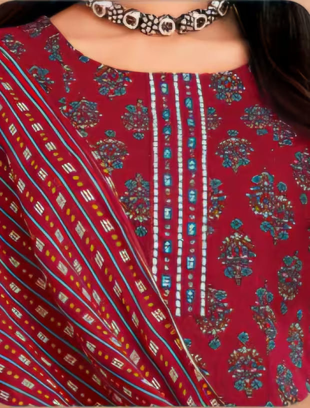 MCM Maroon Cotton Anarkali Readymade Salwar Suit Set