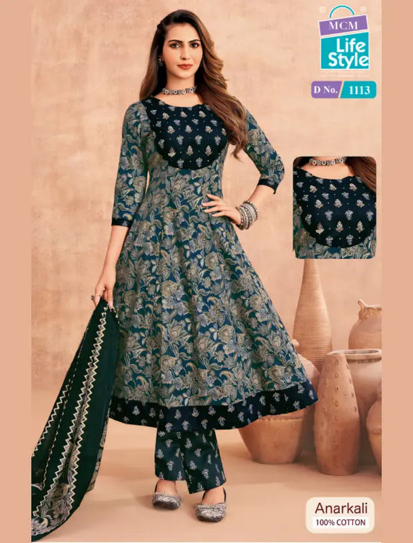 MCM Navy Blue Floral Cotton Anarkali Readymade Salwar Suit Set