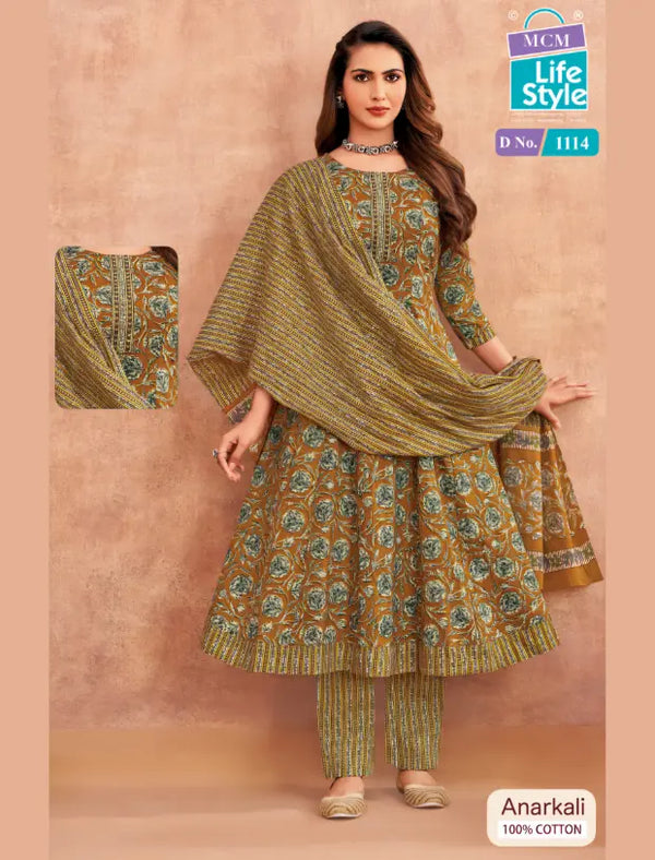 MCM Mustard Floral Cotton Anarkali Readymade Salwar Suit Set