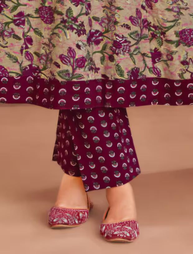 MCM Beige Floral Cotton Anarkali Readymade Salwar Suit Set