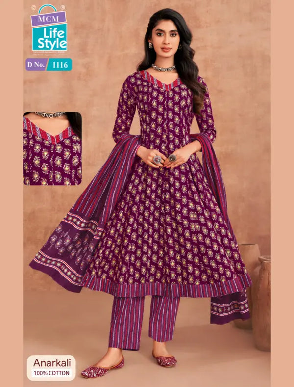 MCM Purple Cotton Anarkali Readymade Salwar Suit Set