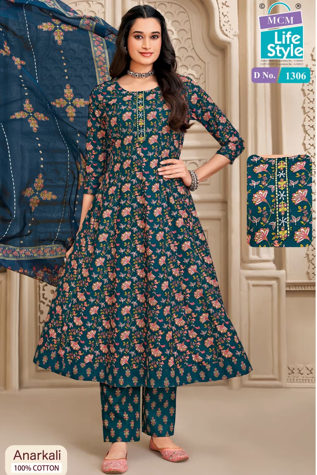 MCM Life Style 1306 100% Cotton Printed Anarkali Salwar Suit – Teal Blue | Bavis Clothing