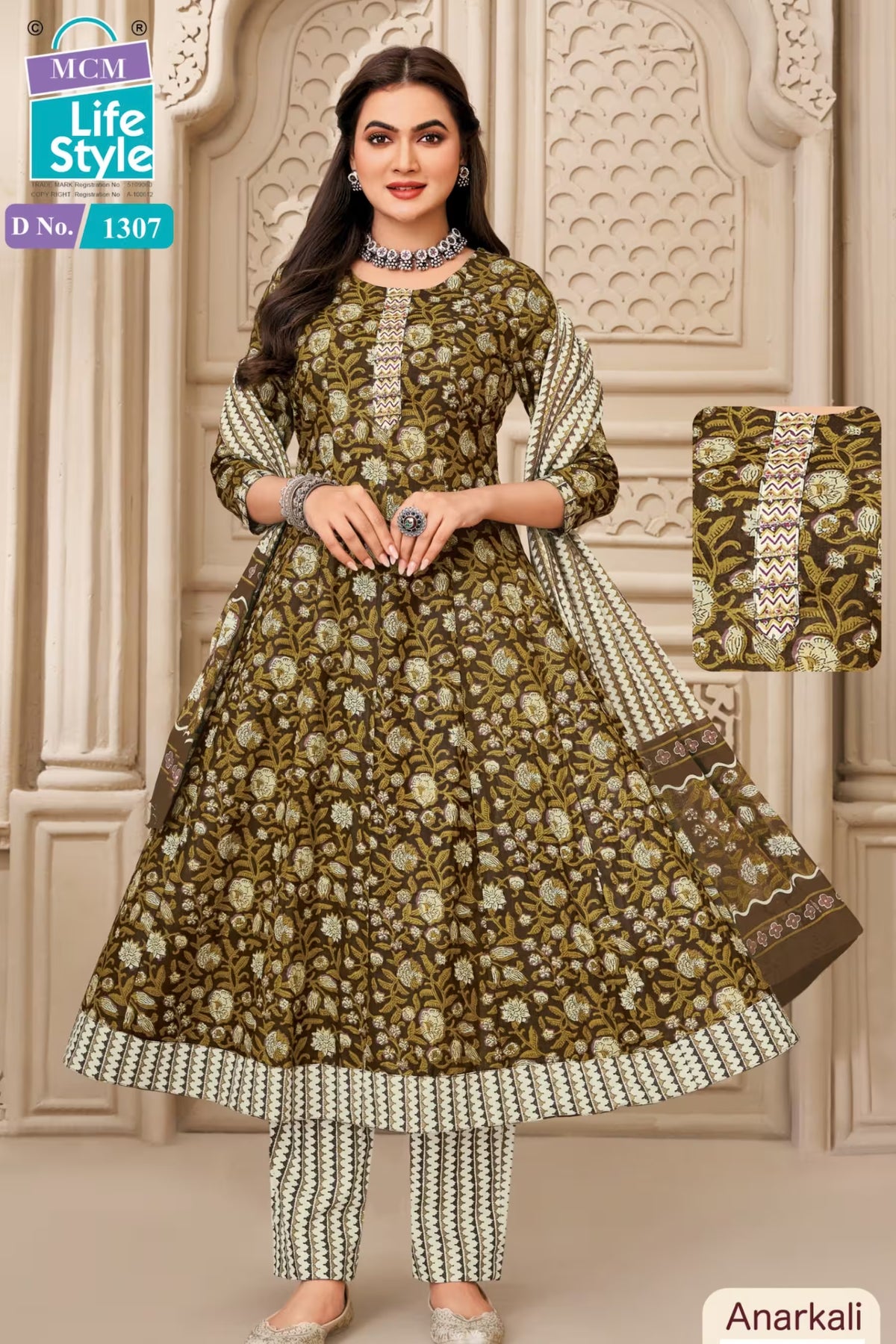 MCM 1307 100% Cotton Floral Print Anarkali Salwar Suit – Olive Brown | Bavis Clothing