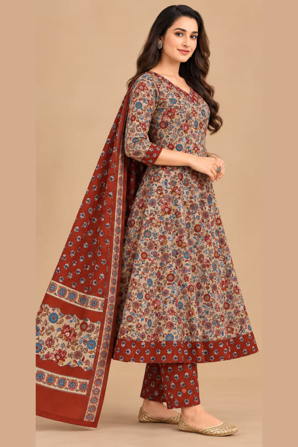 Side View - MCM Life Style 1309 100% Cotton Printed Anarkali Salwar Suit – Cream & Rust | Bavis Clothing