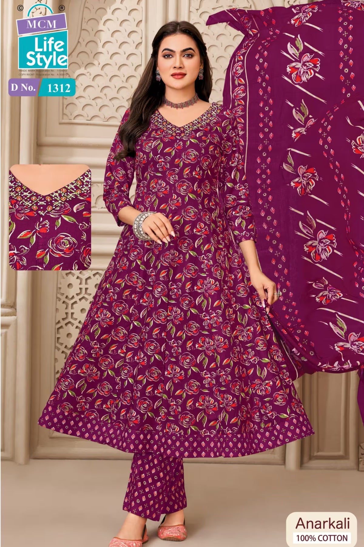 MCM Life Style 1312 Cotton Floral Print Anarkali Suit – Magenta | Bavis Clothing