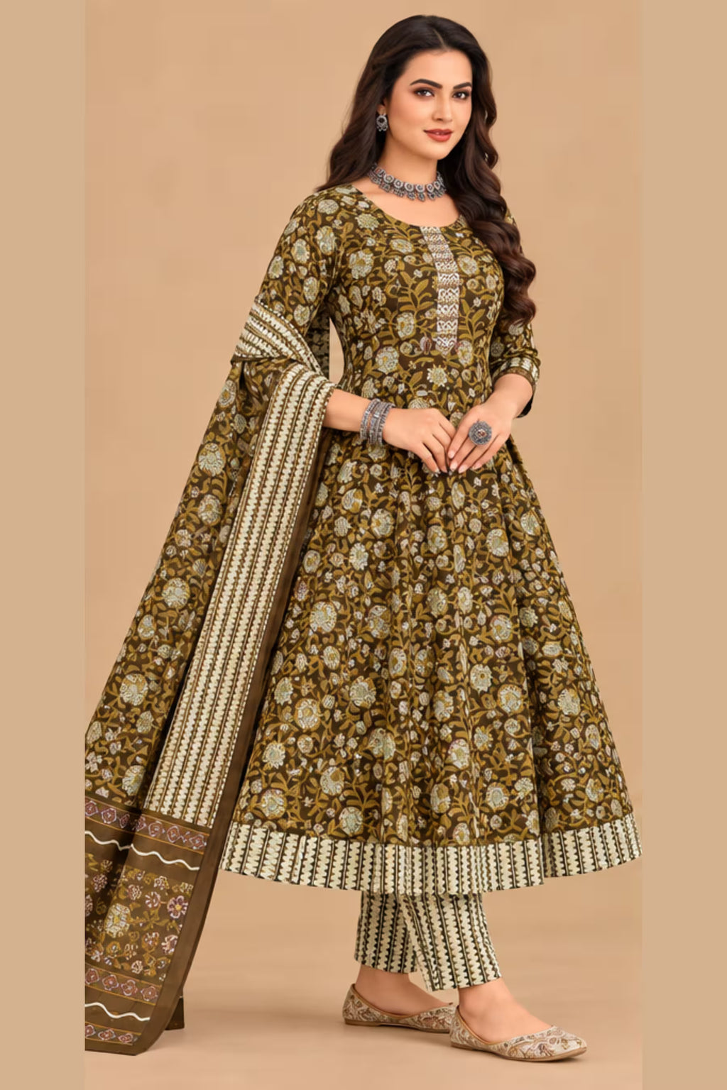 Side Angle - MCM 1307 100% Cotton Floral Print Anarkali Salwar Suit – Olive Brown | Bavis Clothing
