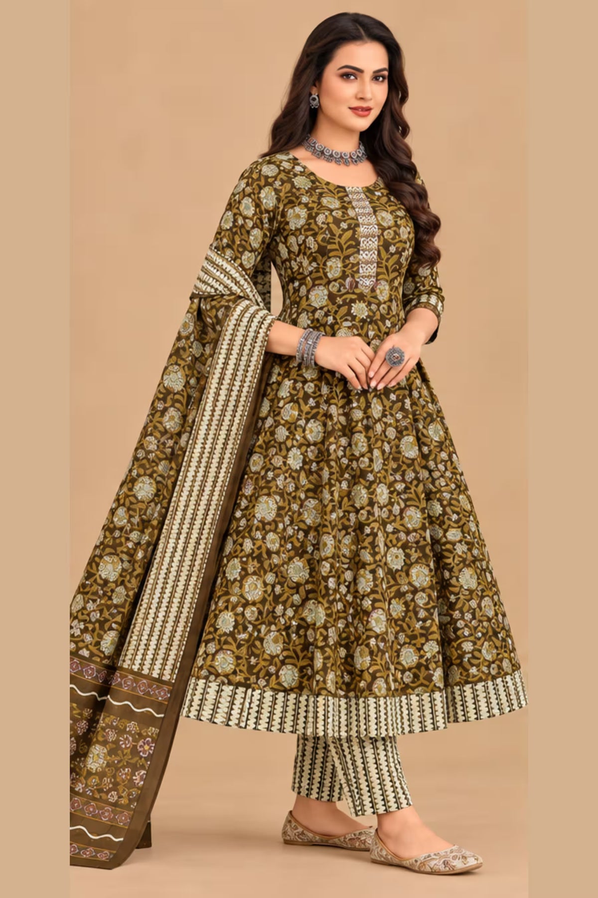Side Angle - MCM 1307 100% Cotton Floral Print Anarkali Salwar Suit – Olive Brown | Bavis Clothing