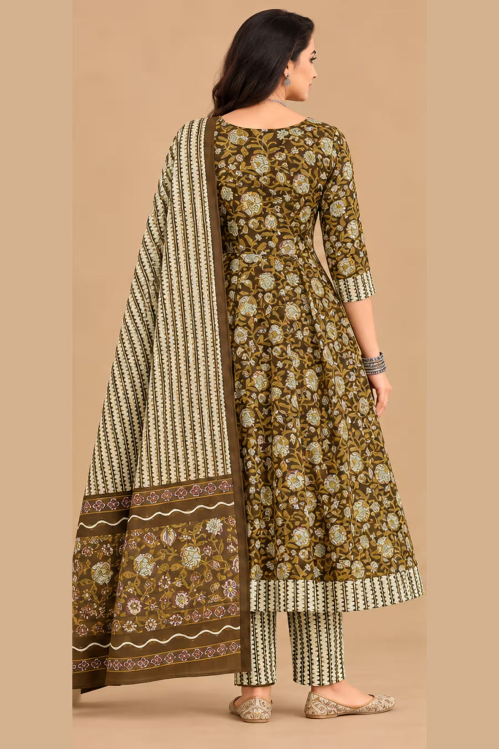 Back View - MCM 1307 100% Cotton Floral Print Anarkali Salwar Suit – Olive Brown | Bavis Clothing