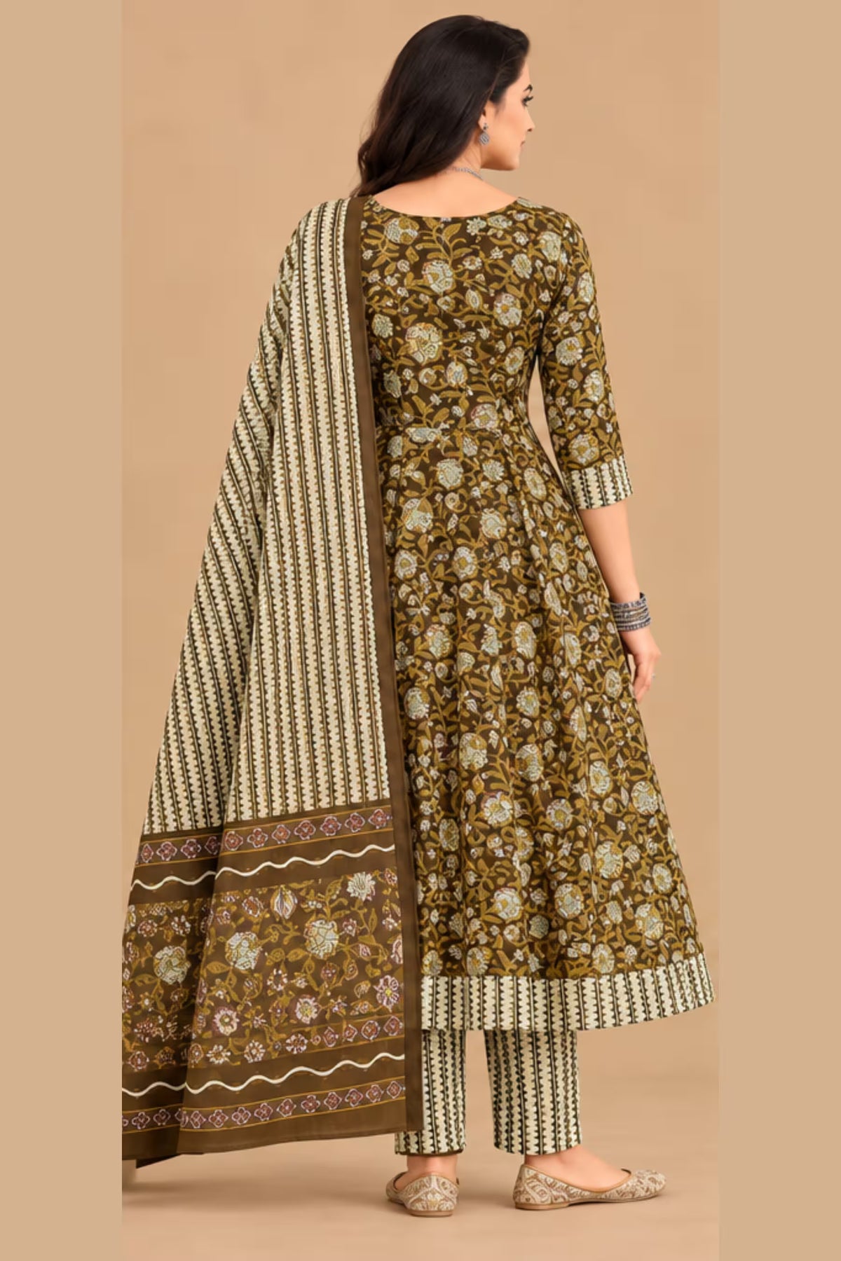 Back View - MCM 1307 100% Cotton Floral Print Anarkali Salwar Suit – Olive Brown | Bavis Clothing