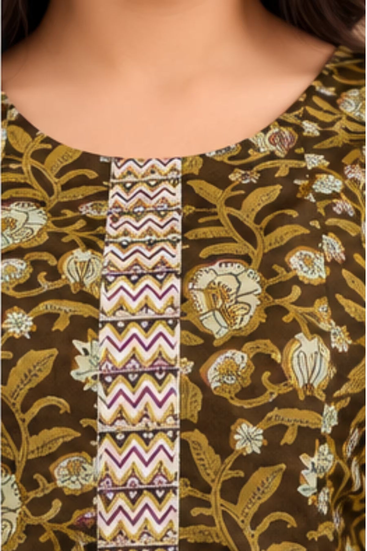 Neck Design - MCM 1307 100% Cotton Floral Print Anarkali Salwar Suit – Olive Brown | Bavis Clothing