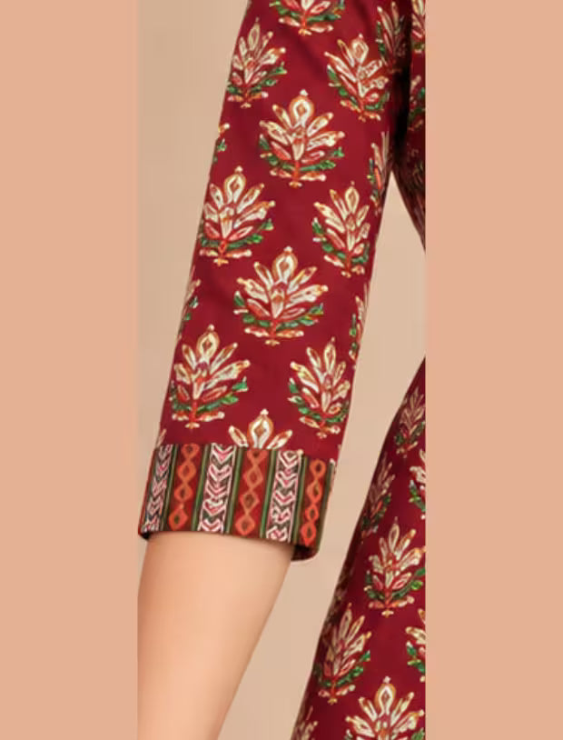 Sleeve Detail - MCM 1107 maroon 100% cotton printed Anarkali salwar suit with bottom and dupatta | Bavis Clothing