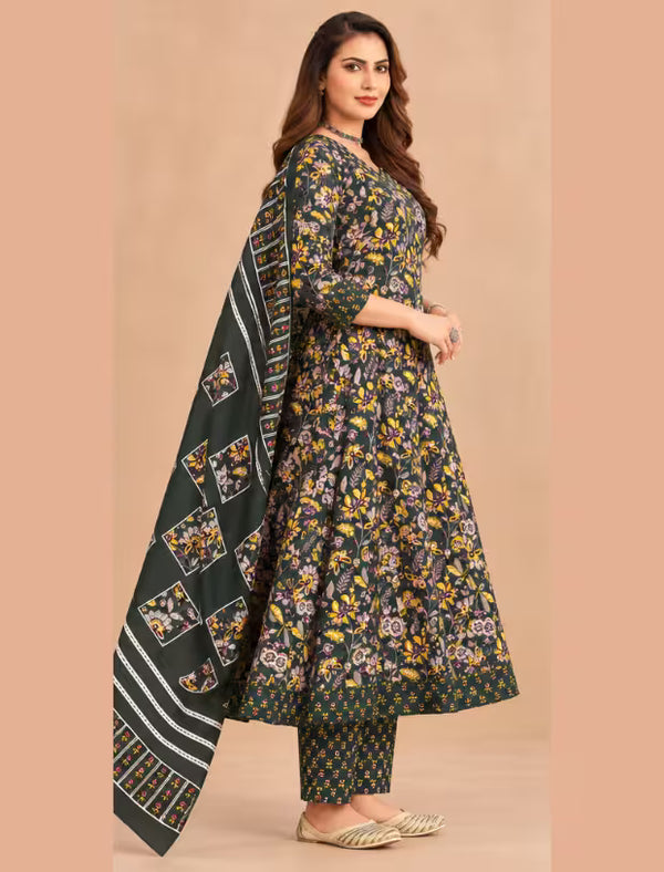 Side View - MCM 1111 Dark Olive Floral Cotton Anarkali Readymade Salwar Suit Set | Bavis Clothing