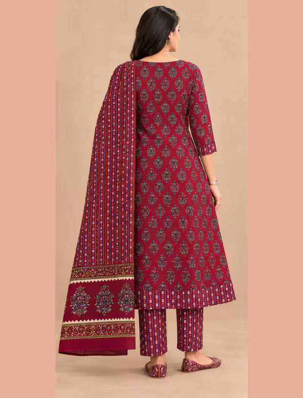 Back View - MCM 1112 Maroon Cotton Anarkali Readymade Salwar Suit Set | Bavis Clothing
