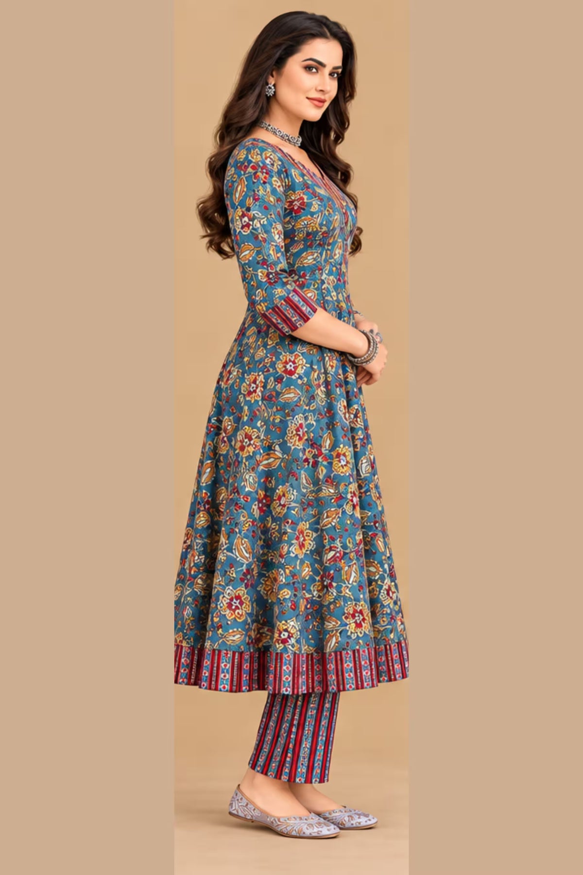 Side Angle - MCM Anarkali Cotton Readymade Salwar Suit with Printed Dupatta – Design 1310 | Bavis Clothing