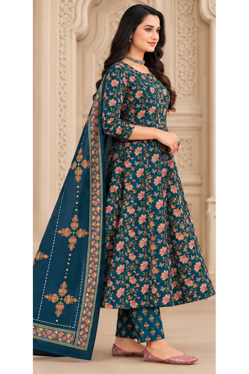Side View - MCM Life Style 1306 100% Cotton Printed Anarkali Salwar Suit – Teal Blue | Bavis Clothing