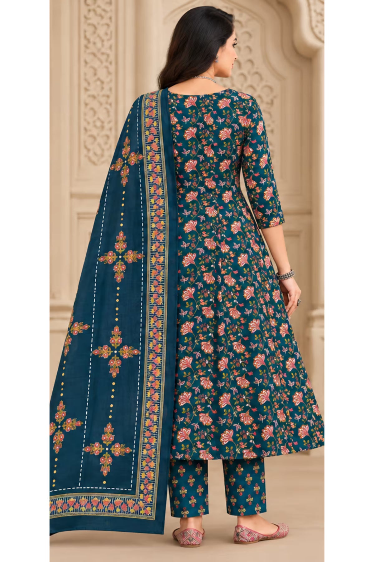 Back View - MCM Life Style 1306 100% Cotton Printed Anarkali Salwar Suit – Teal Blue | Bavis Clothing