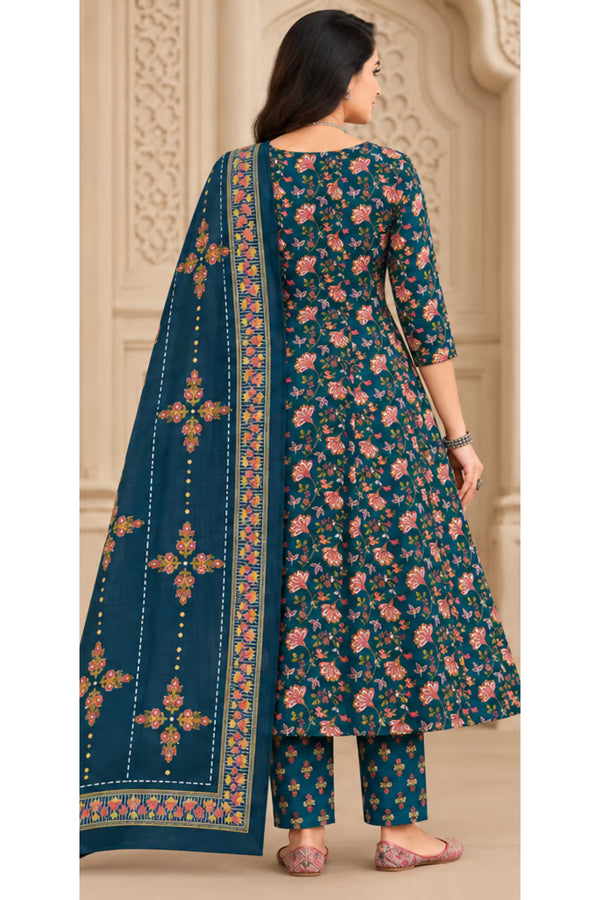 Back View - MCM Life Style 1306 100% Cotton Printed Anarkali Salwar Suit – Teal Blue | Bavis Clothing