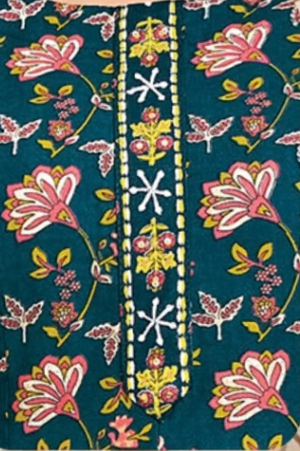 Neckline Detail - MCM Life Style 1306 100% Cotton Printed Anarkali Salwar Suit – Teal Blue | Bavis Clothing