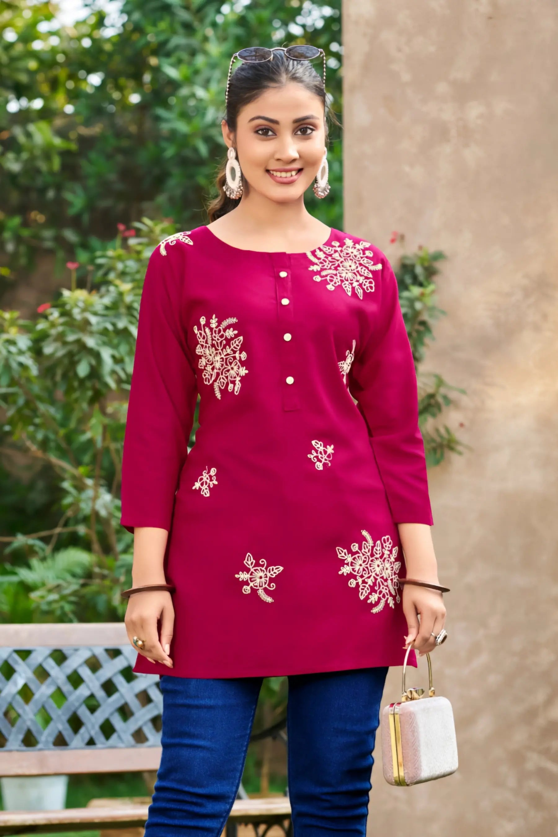 Magenta Embroidery Short Tops - Rose1001 Main image