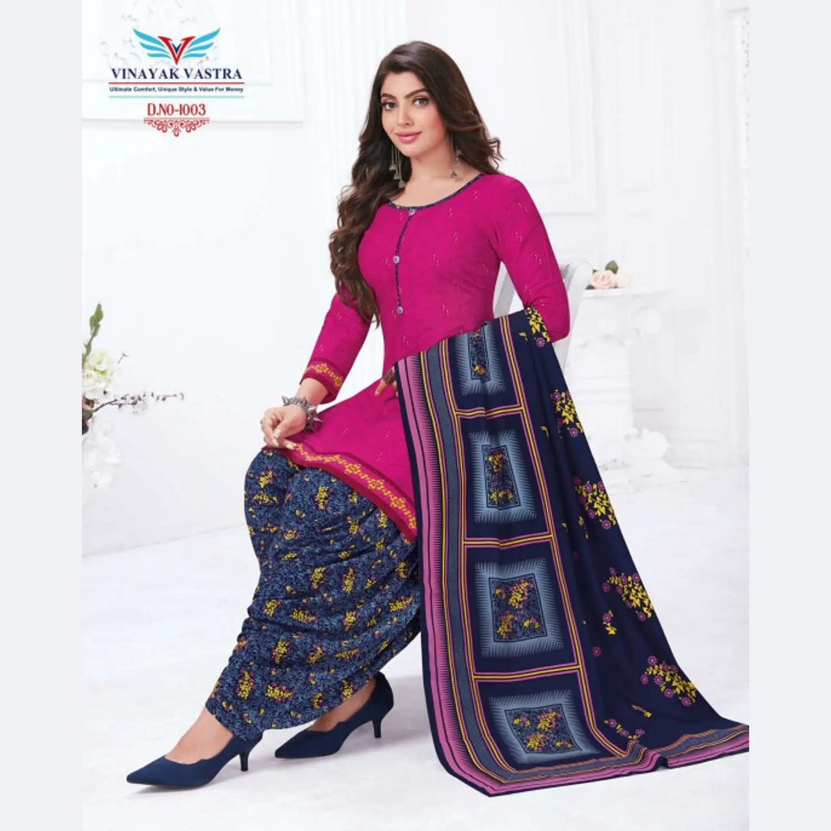 Magenta Red U Neck Rayon Top with Dark Blue Patiyala Pant and Dupatta Main image