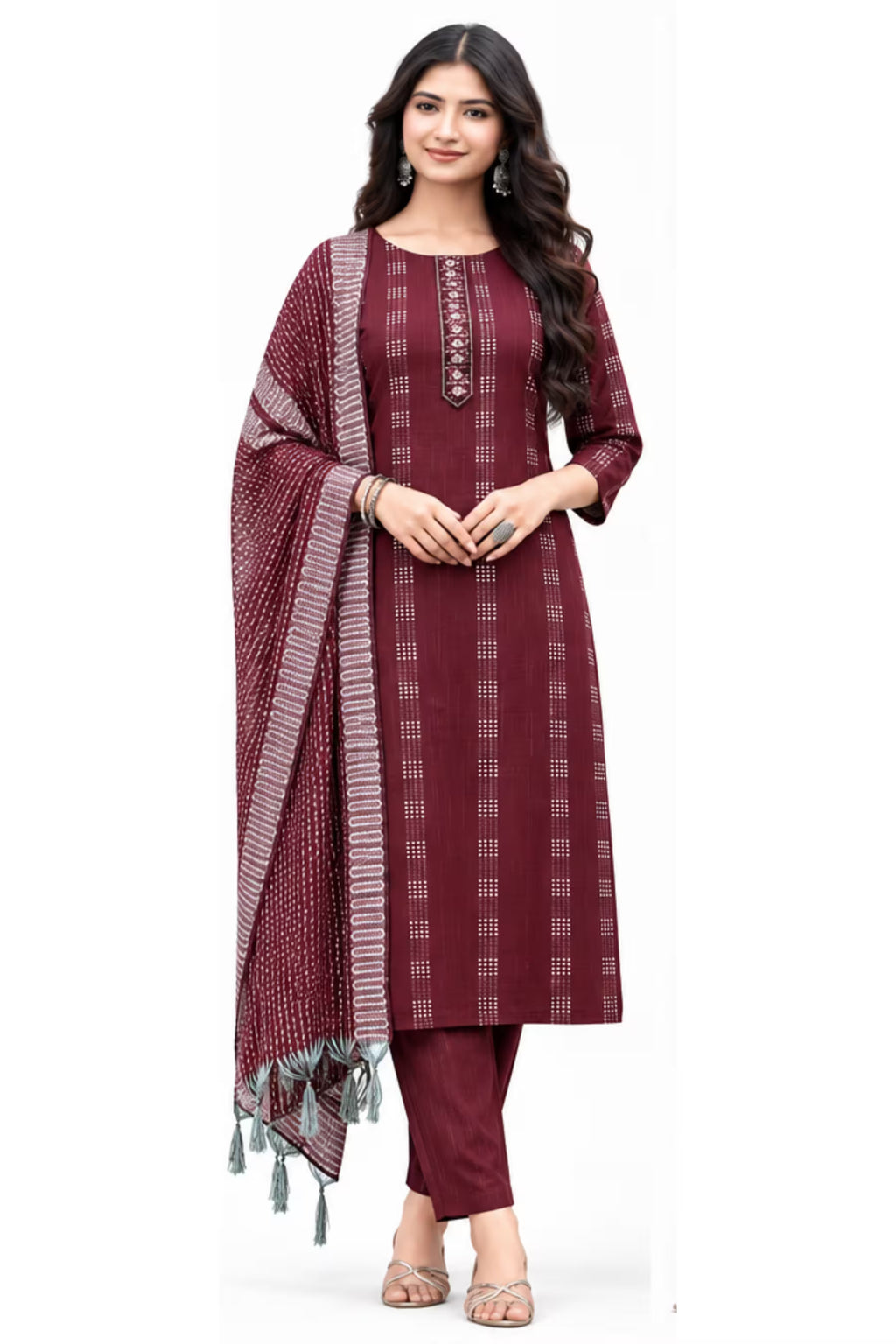 Maroon Cotton Handloom Straight Kurta Pant Set with Dupatta | Bavis Clothing