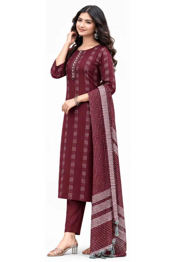 Side View- Maroon Cotton Handloom Straight Kurta Pant Set with Dupatta | Bavis Clothing