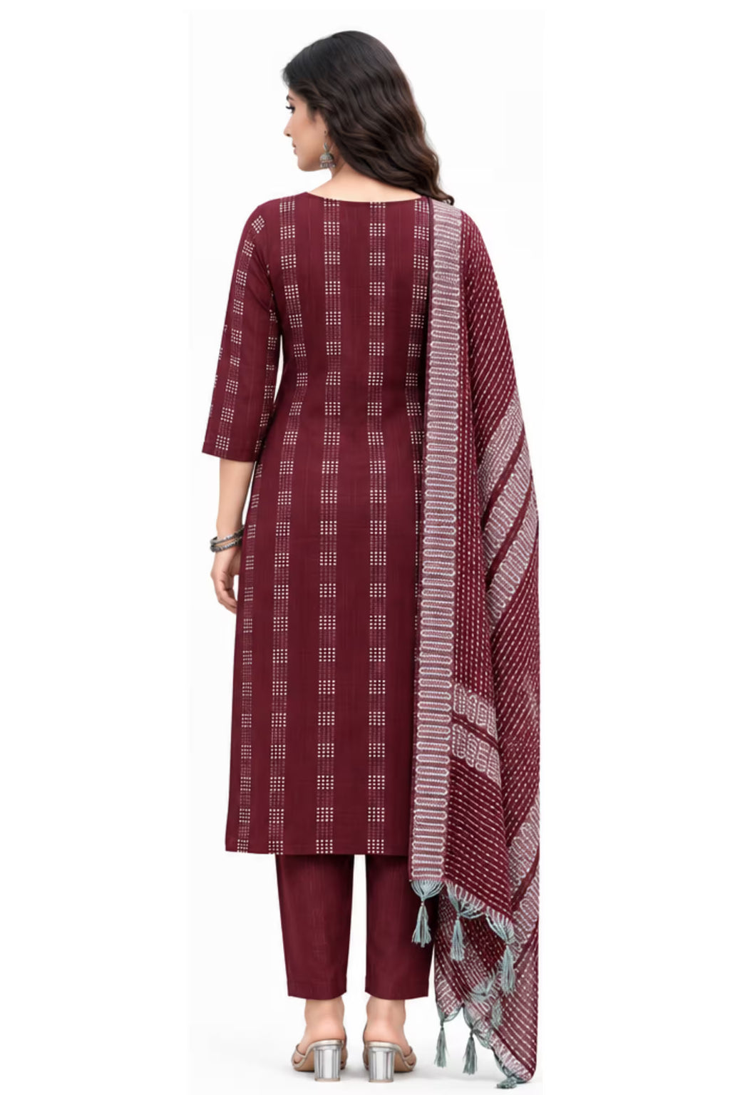 Back View - Maroon Cotton Handloom Straight Kurta Pant Set with Dupatta | Bavis Clothing