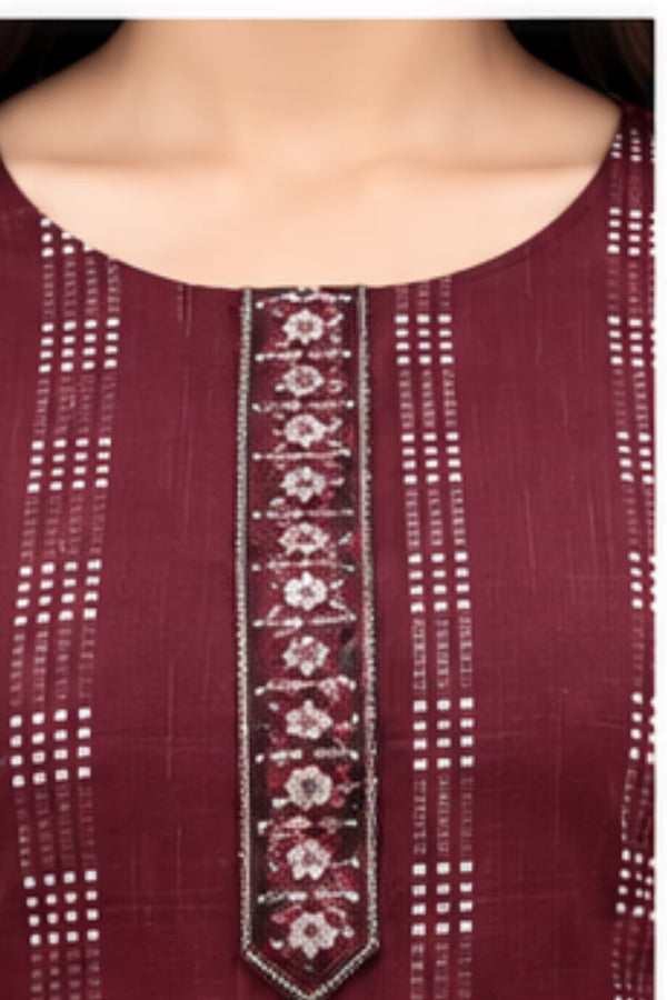Neck Close Up - Maroon Cotton Handloom Straight Kurta Pant Set with Dupatta | Bavis Clothing