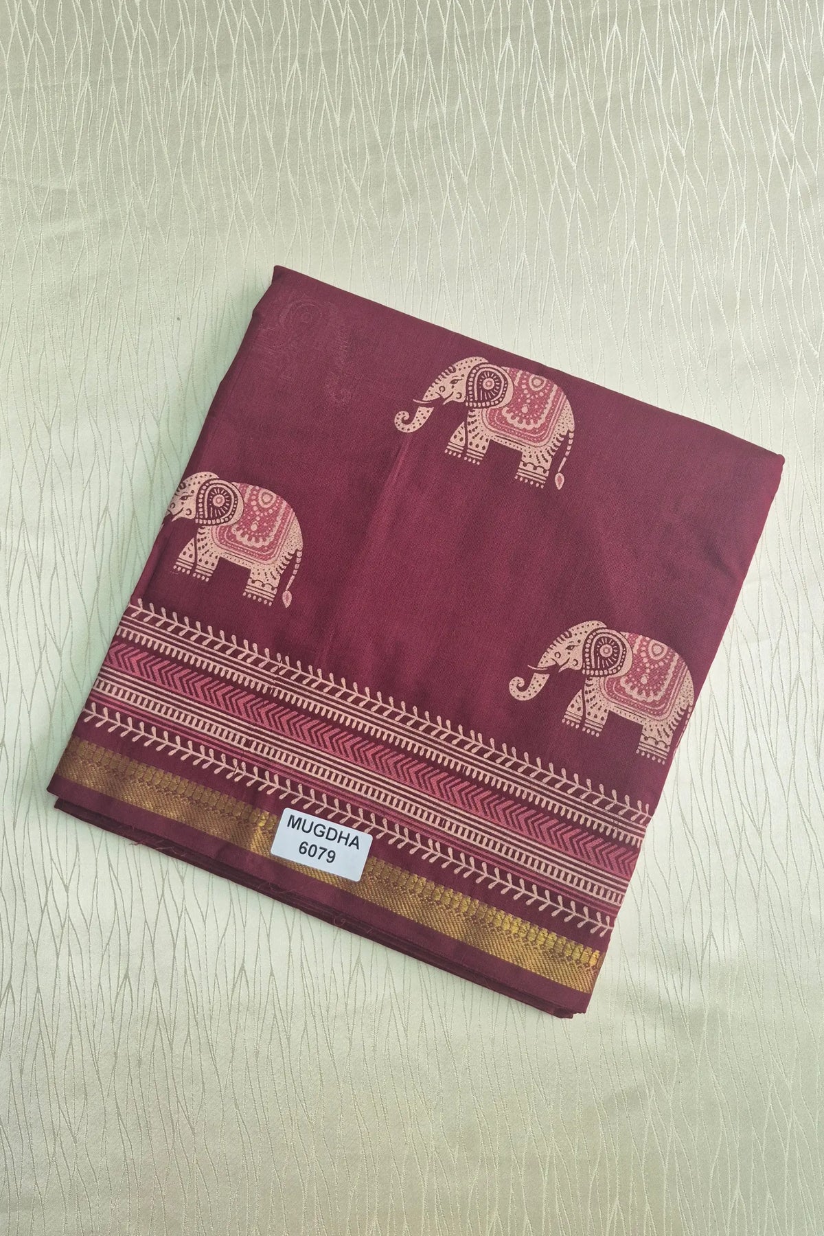 Maroon Elephant Print Cotton Saree with Plain Blouse Soft Daily Wear Women's Saree