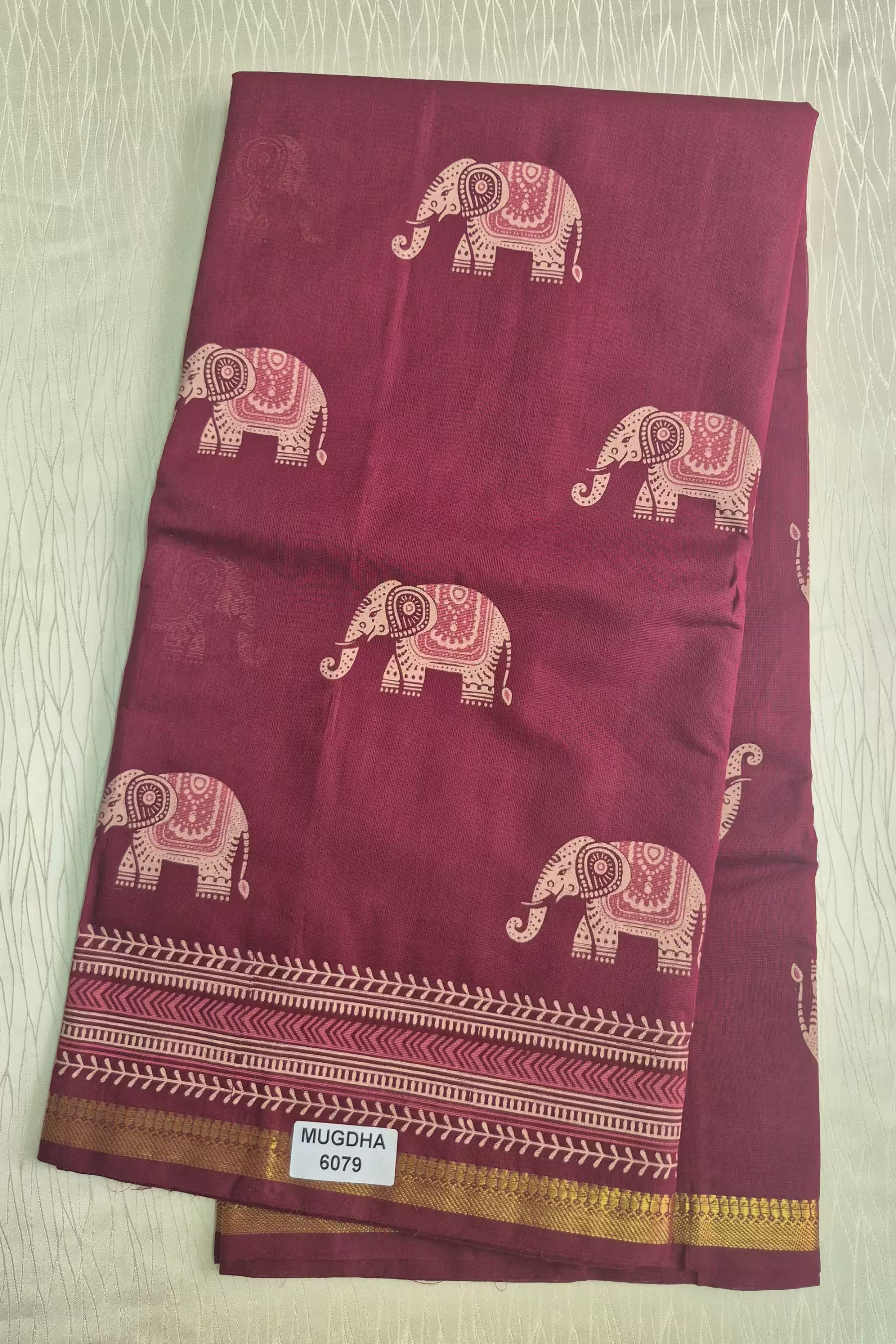 Maroon Elephant Print Cotton Saree with Plain Blouse Soft Daily Wear Women's Saree