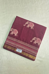 Maroon Elephant Print Cotton Saree with Plain Blouse Soft Daily Wear Women's Saree
